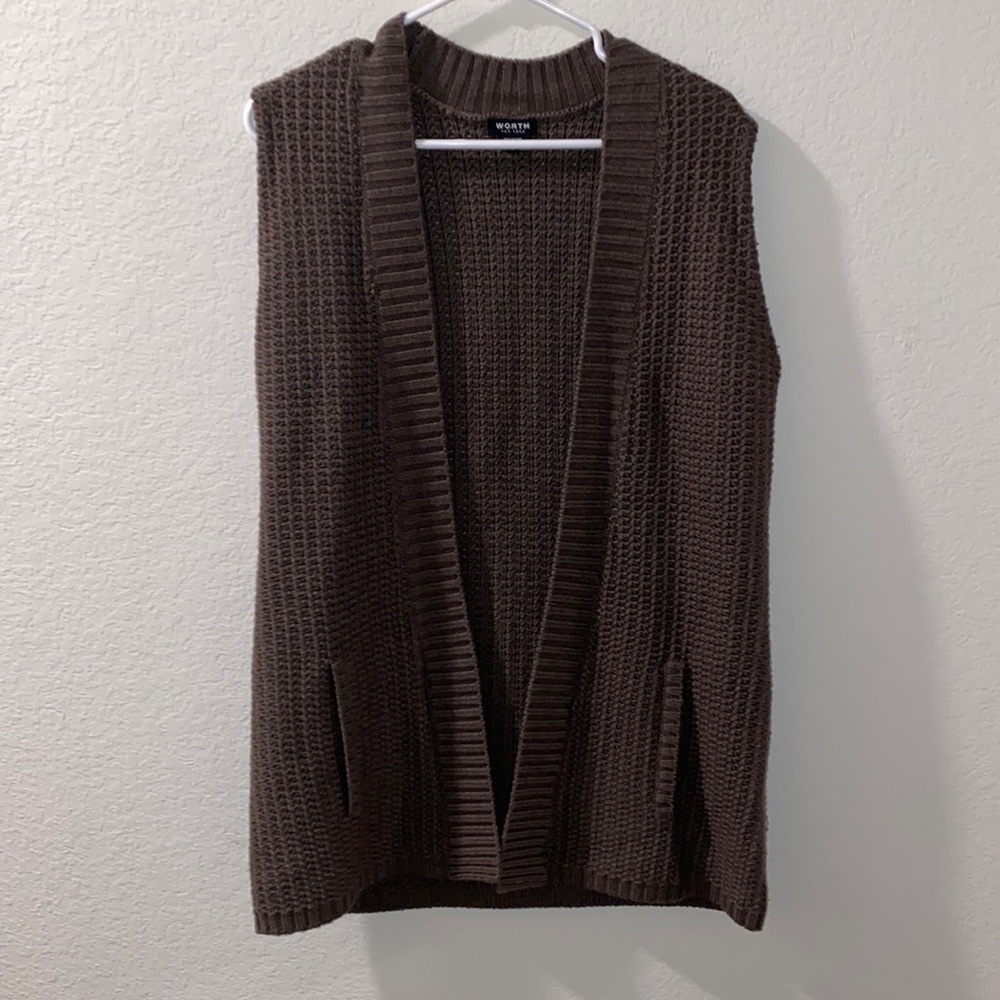 WORTH raccoon fur & wool brown cardigan sweater small women’s cardigan vest